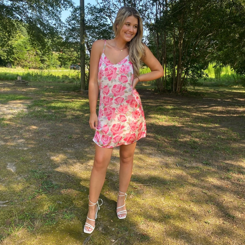 Floral Pink Slip Dress with Spaghetti Straps